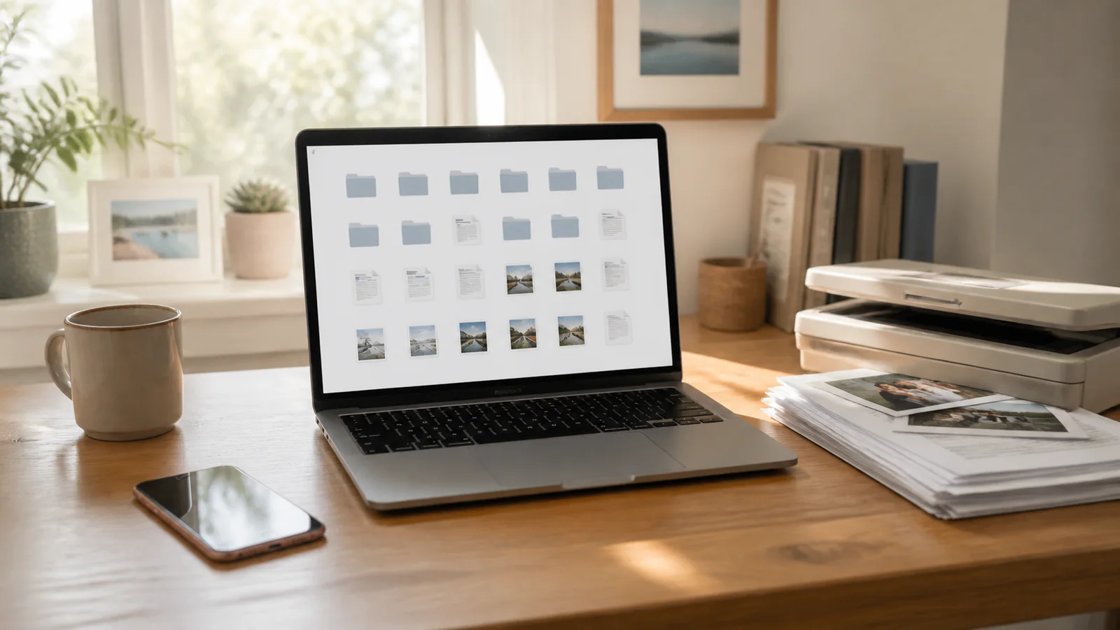 Unbranded home-office laptop organizing folders, documents, and family photos beside a scanner