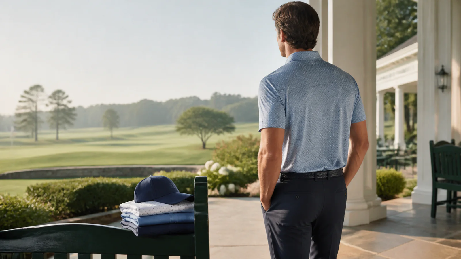Golfer in a patterned polo overlooking a green beside neatly folded golf apparel
