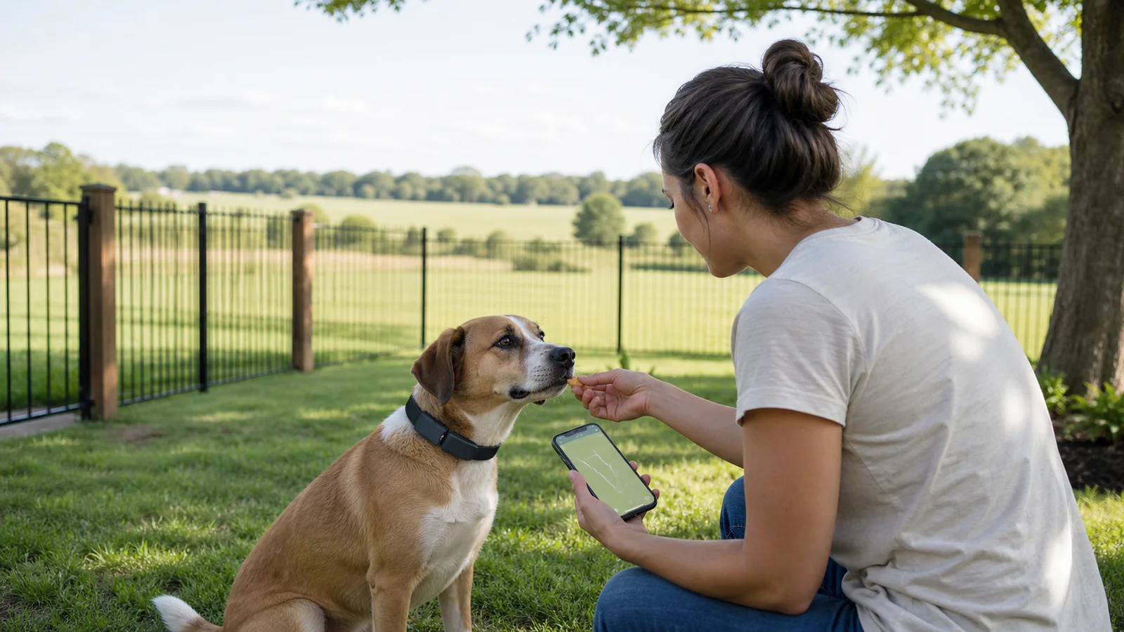 Calm dog wearing an unbranded GPS collar while an attentive owner uses rewards and checks an abstract boundary map