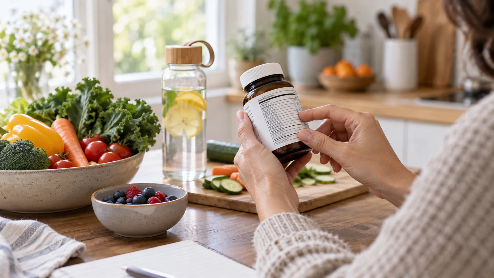 Parent reviewing a generic supplement label at a kitchen table with vegetables and a refillable bottle