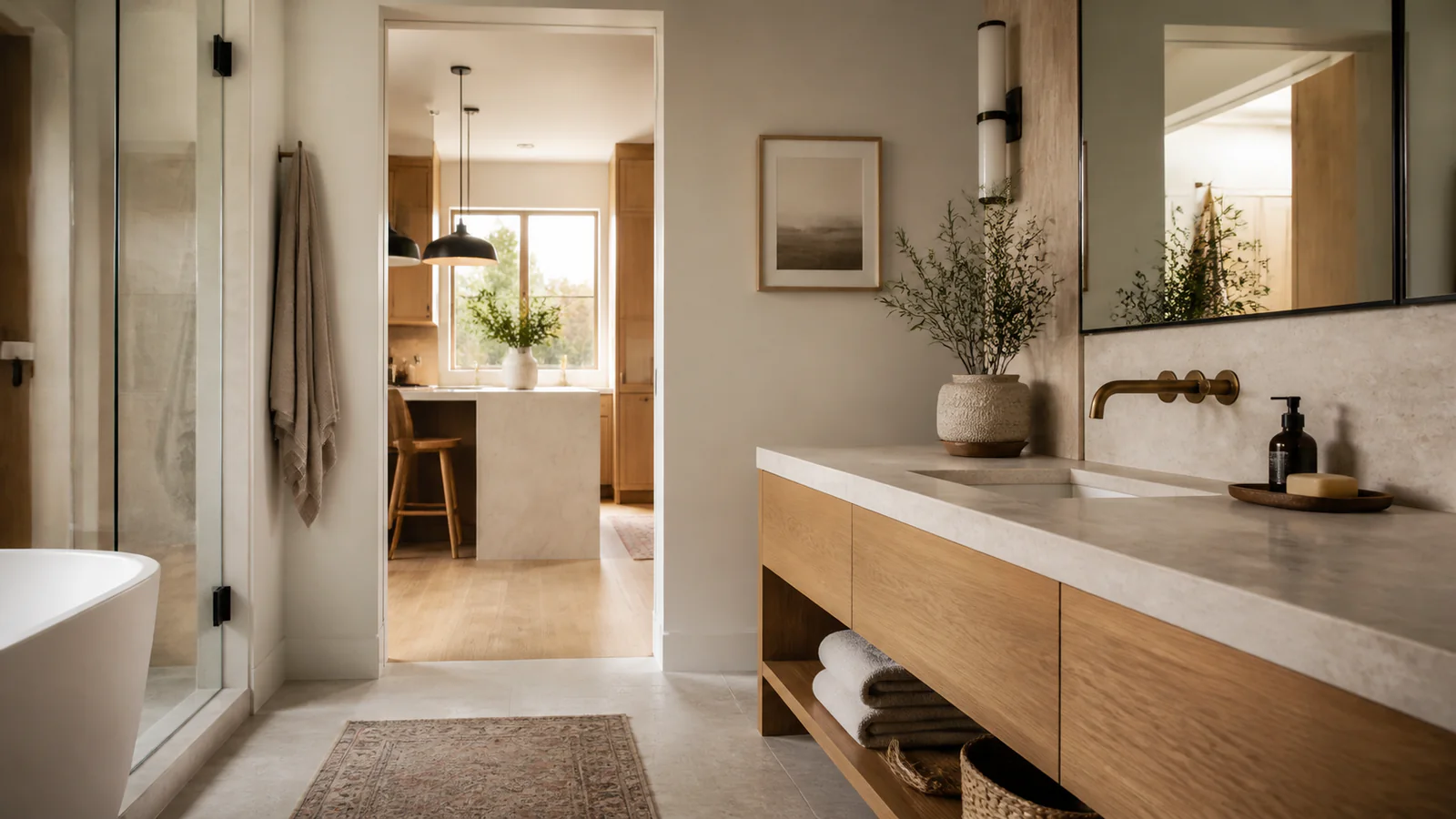 Warm modern bathroom vanity with wall-mounted faucet and a bright kitchen beyond