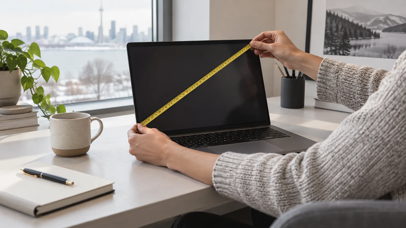 Unbranded laptop on a clean desk with a notebook and measuring tape