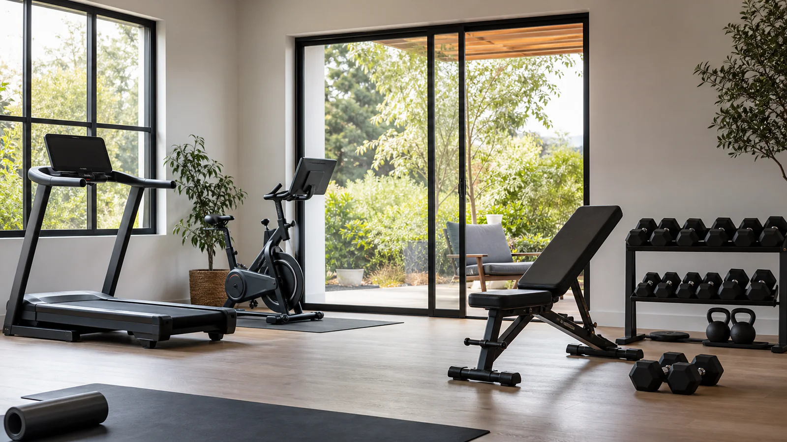 Bright home gym with treadmill, exercise bike, bench, dumbbells, and open training floor