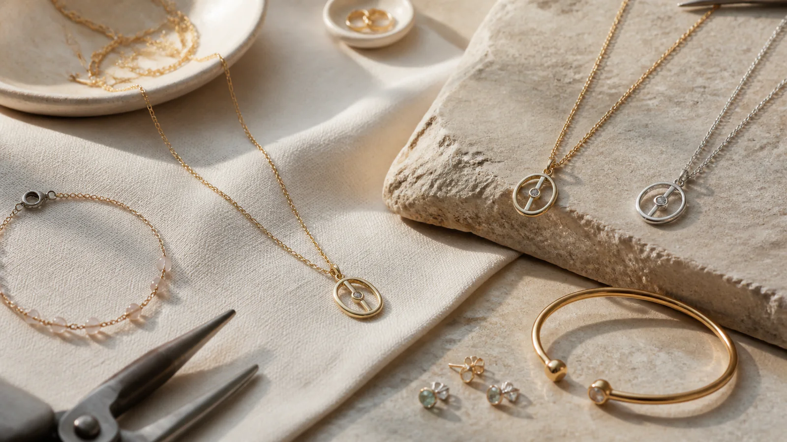 Delicate unbranded gold and silver jewelry arranged on cream linen and stone