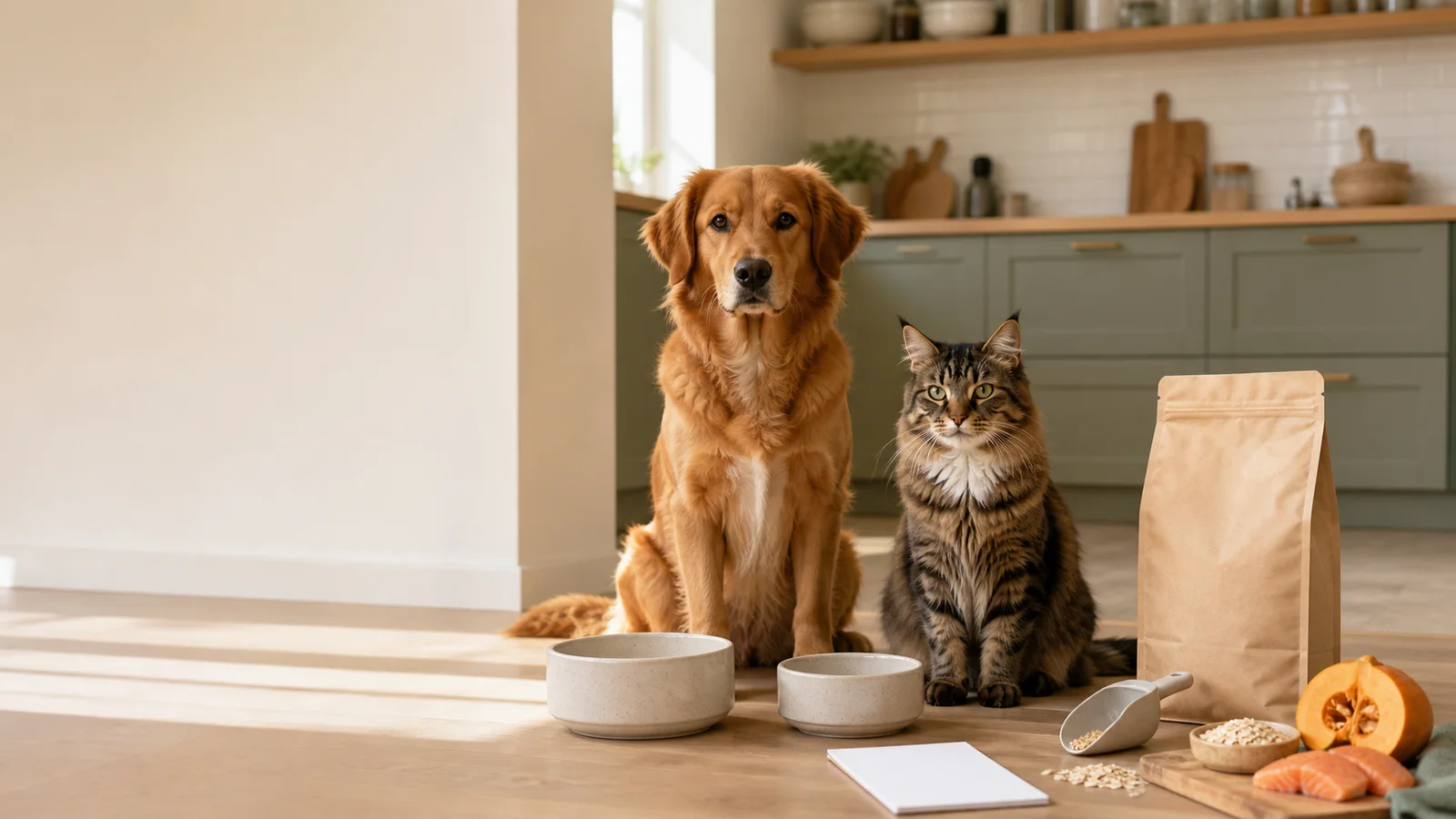 Dog and cat waiting beside unbranded food bowls, a plain pet-food bag, measuring scoop, and ingredient checklist