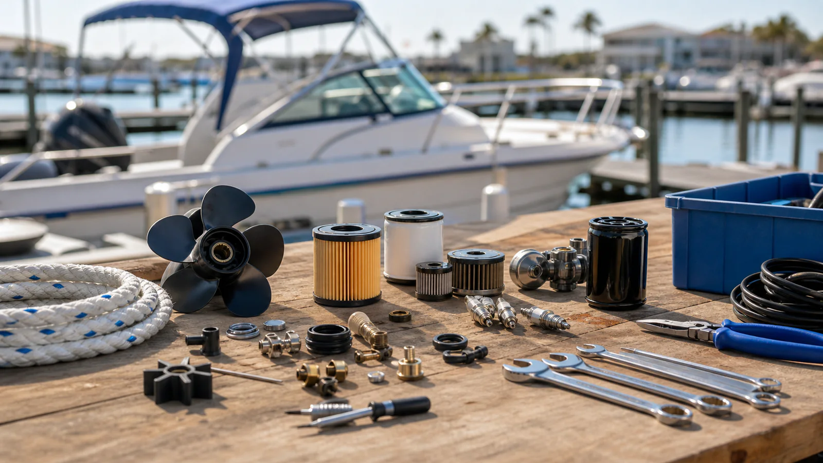 Marine filters, propeller hardware, spark plugs, and tools arranged on a marina workbench