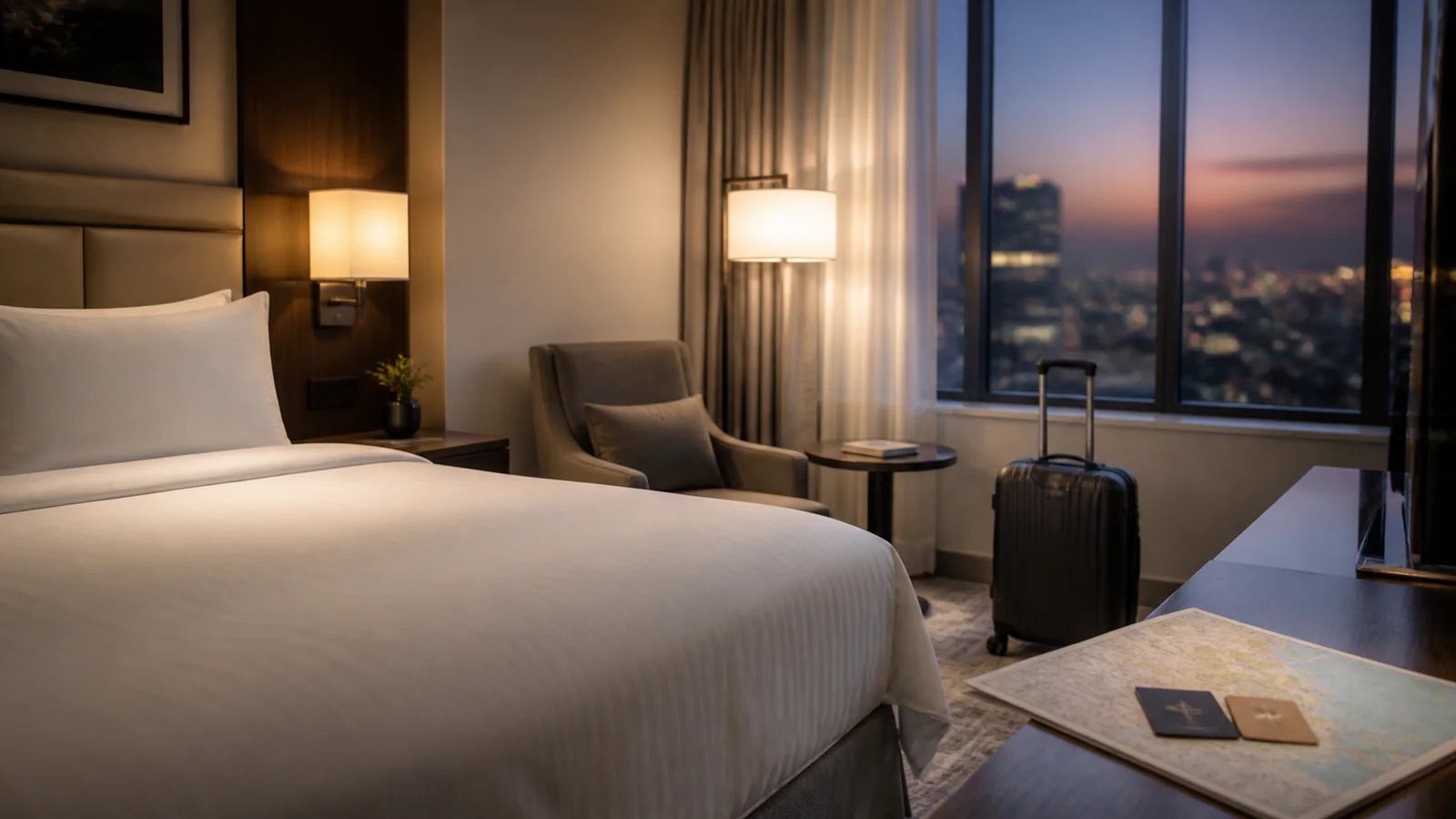 Contemporary hotel room with white bedding, luggage, and city view at dusk