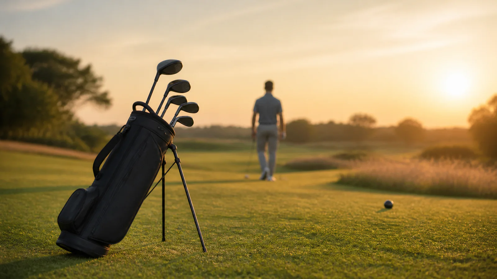 Minimal black golf club set and stand bag beside a tee box at golden hour