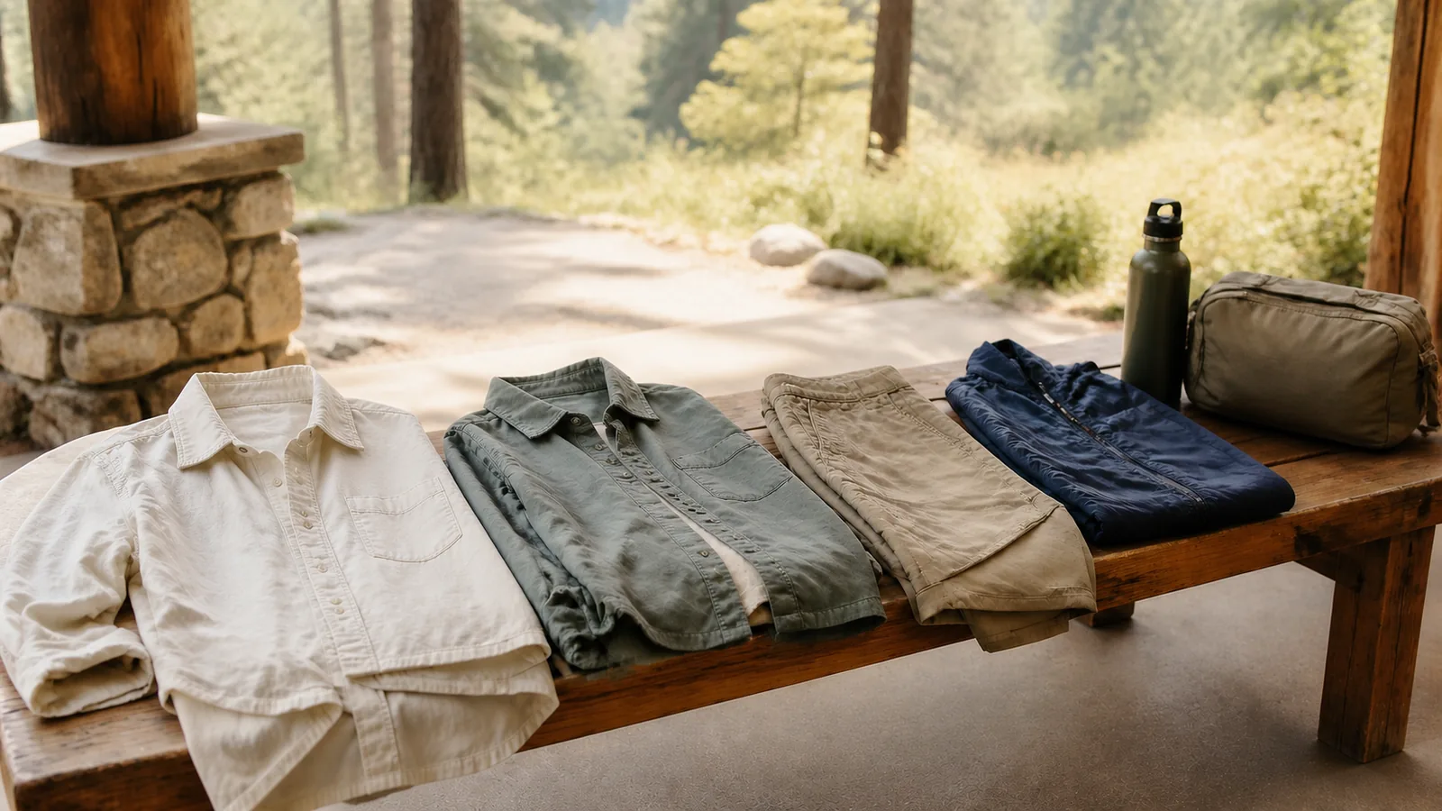 Unbranded casual shirts, pants, and a packable layer arranged on a trailhead bench