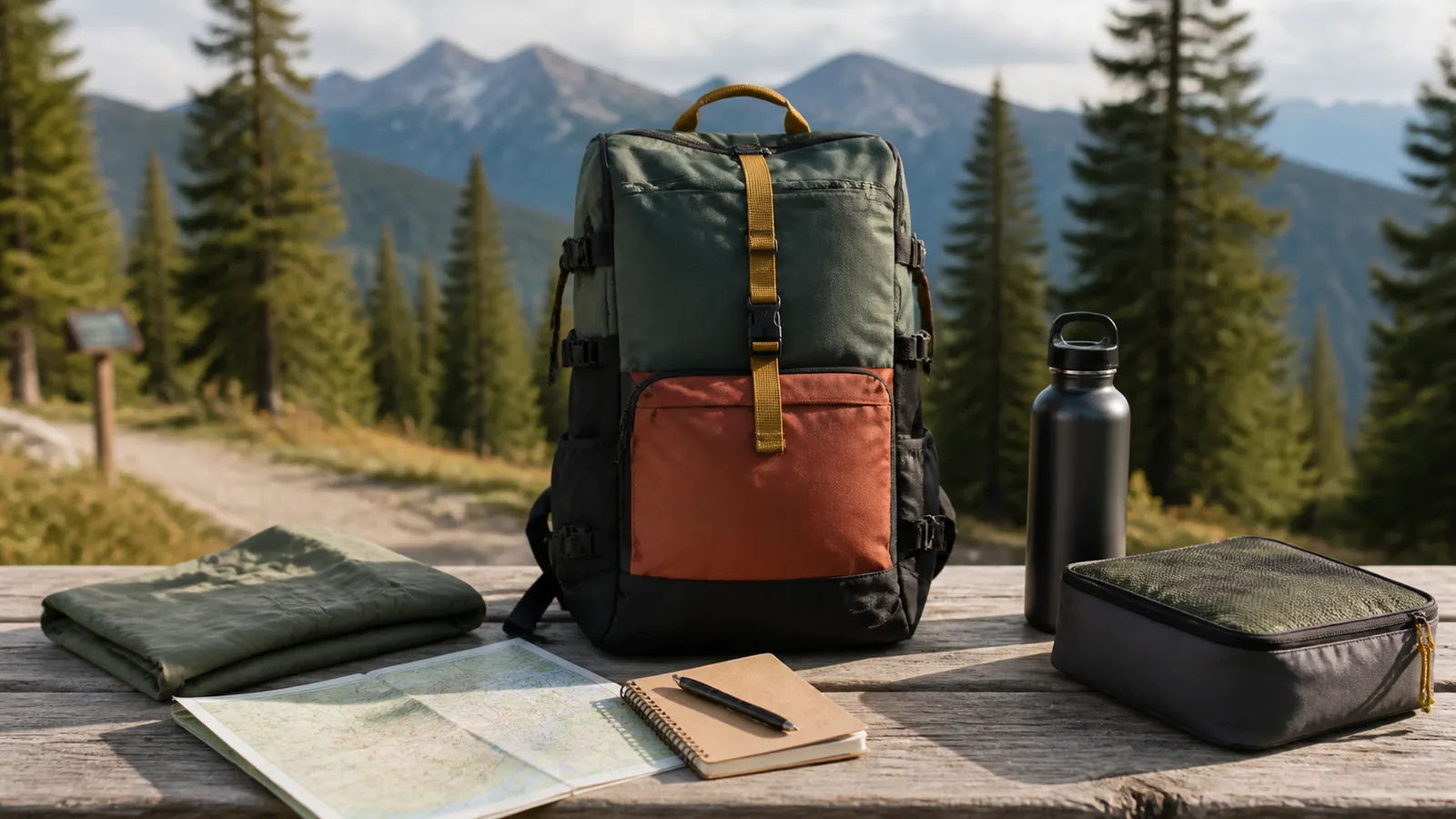 Unbranded color-block backpack with a map, notebook, bottle, layer, and packing cube at a mountain trailhead