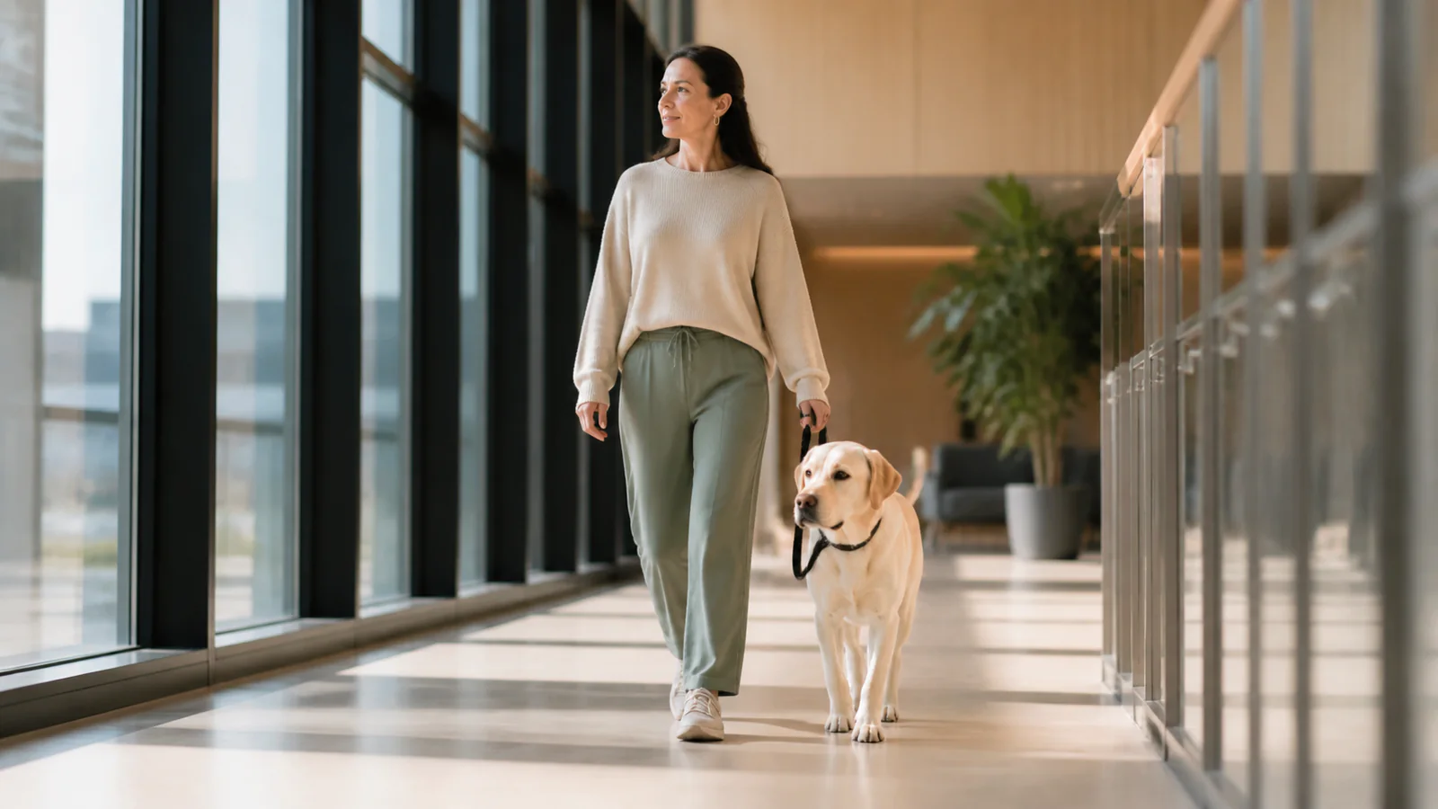 Adult handler and calm dog walking together in a bright accessible public hallway