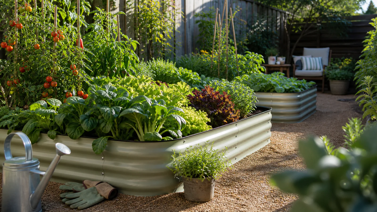 Productive backyard with corrugated metal raised beds, vegetables, gloves, and watering can
