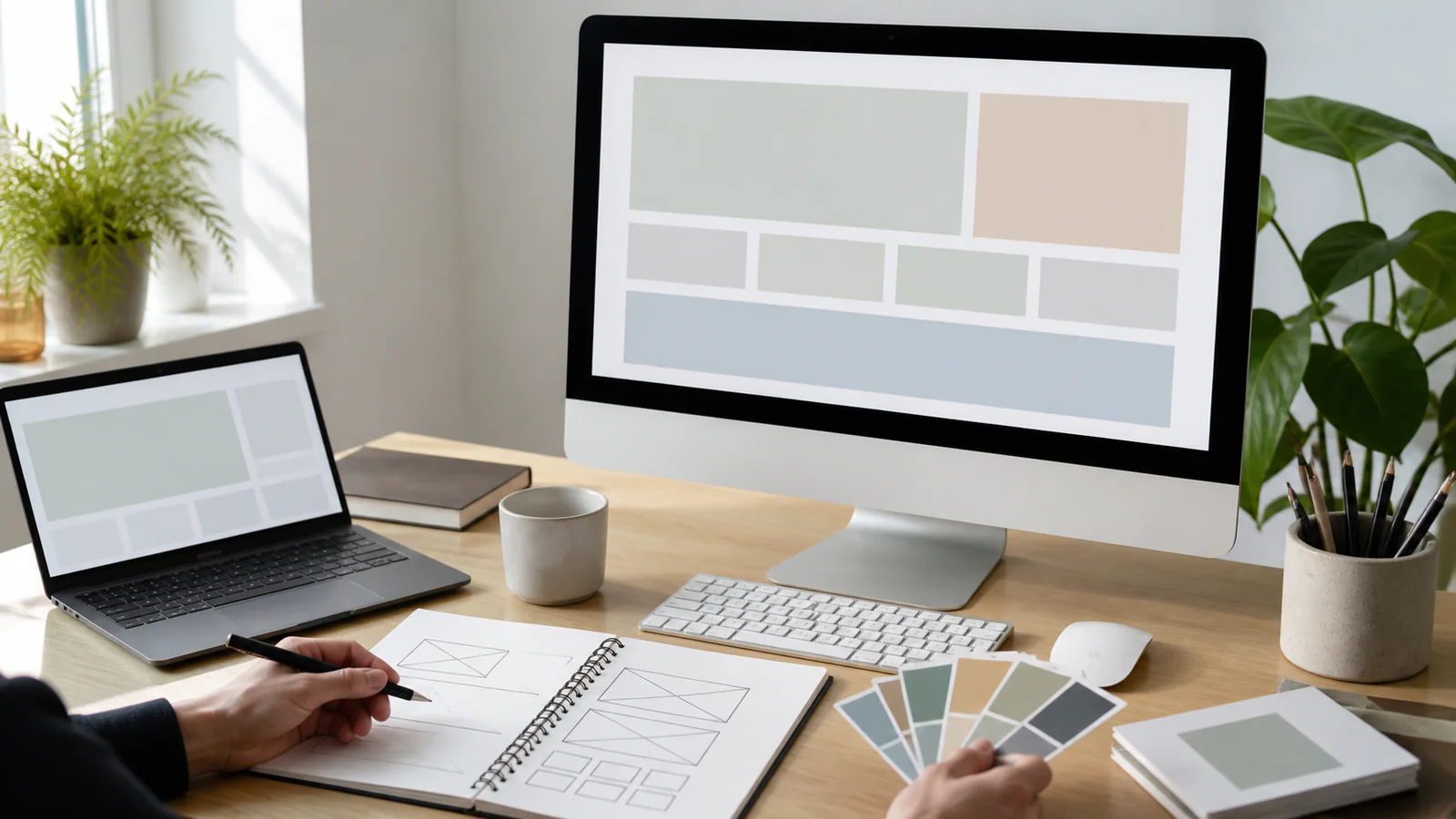Creative desk with abstract website wireframes on two screens and color swatches